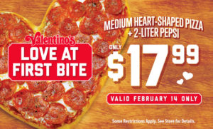 Love at First Bite - Medium Heart-Shaped Pizza + 2-Liter Pepsi Only $17.99. Valid Feb. 14 only.