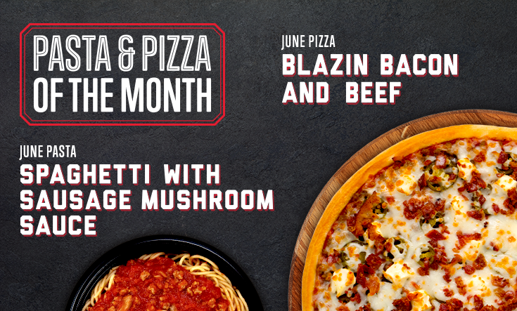 June Pizza & Pasta - 
Meet our pasta and pizza of the month: Spaghetti with Sausage Mushroom Sauce and Blazin Bacon and Beef pizza with bacon, hamburger, cream cheese and sliced jalepaños. 🍝 🍕 



Call your local Val’s to order!
